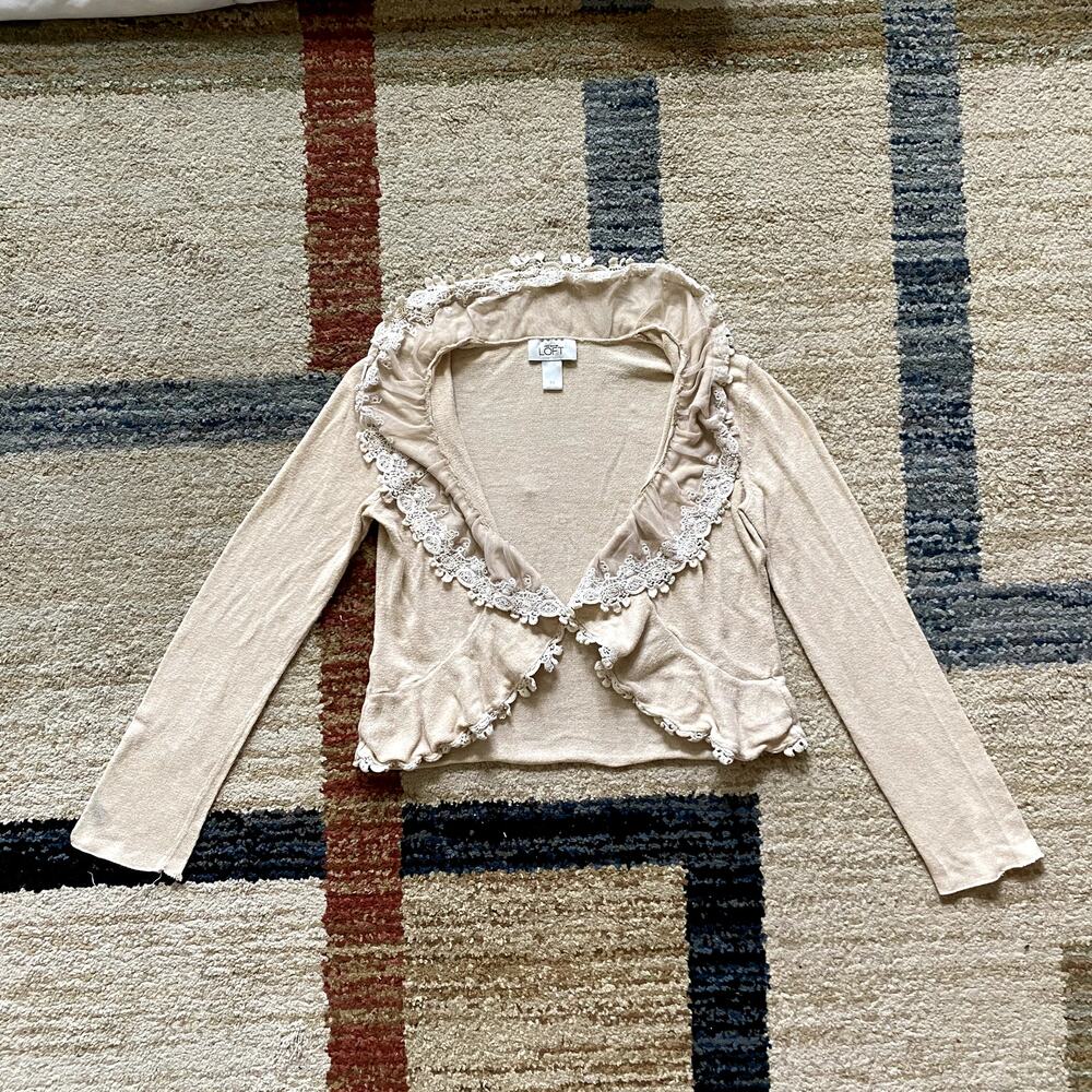 LOFT Long Sleeve Lace Embroidered Knit Open Cardigan Cottagecore